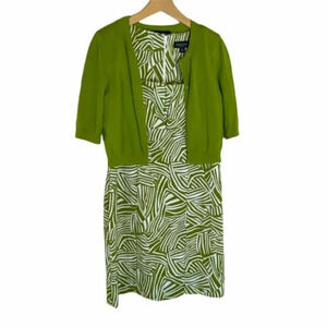 Perceptions Dress Set 10 Green‎ White Abstract Print Sleeveless with Cardigan